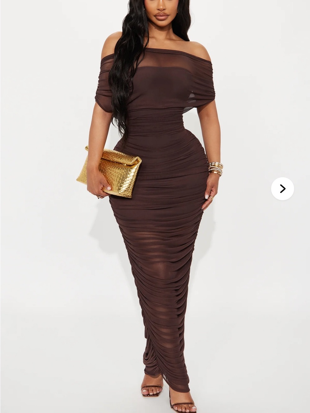 NWT Off-Shoulder Ruched Maxi Dress in Chocolate Brown Size 2X